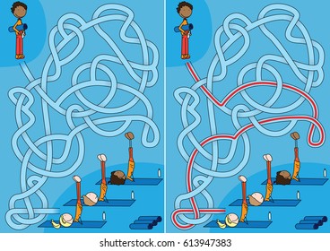 Exercise class maze for kids with a solution