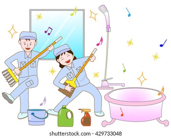 Exercise of the cleaner cleaning the bathroom