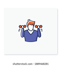 Exercise color icon. Man doing exercises, lifting dumb bells or bars. Concept pictogram for healthy lifestyle, fitness and best mind focus and self development practices. Isolated vector illustration