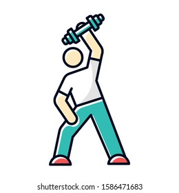 Exercise color icon. Man workout. Gym activity. Athlete with dumbell. Training and bodybuilding. Personal coach. Healthcare. Physical wellness. Person stretching. Isolated vector illustration
