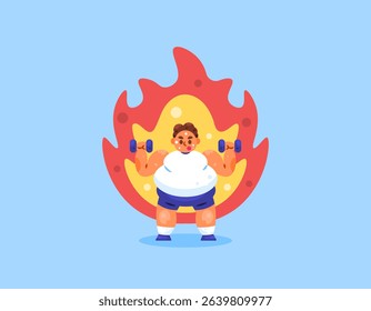 exercise concept. illustration of a fat man exercising by lifting dumbbells. exercise to burn fat and lose weight. weight lifting. exercise and wellness. activity and effort. flat style design
