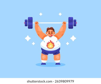 exercise concept. illustration of a fat man exercising by lifting a barbell. exercise to burn fat and lose weight. weight lifting. exercise and wellness. activity and effort. flat style design