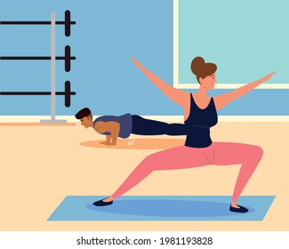 exercise couple in the gym cartoon