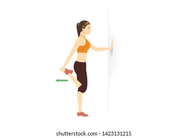 Exercise diagram about Quadriceps Stretch while standing with sport woman.