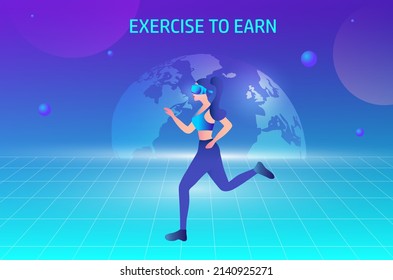 Exercise to earn in metaverse concept, woman wearing virtual reality goggle glass, having 3d experience in virtual reality vector illustration. 