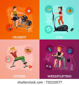 Exercise equipment concept with crossfit, gym for slimming, fitness and heathy nutrition, weightlifting isolated vector illustration  