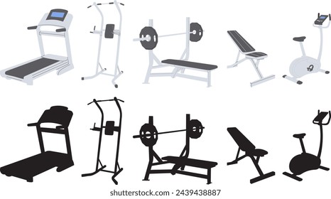 exercise equipment in flat style set, vector