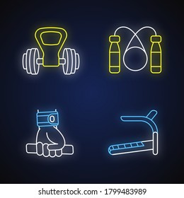 Exercise equipment neon light icons set. Kettlebell handle, jump rope, wrist wraps and treadmill signs with outer glowing effect. Sport gear. Vector isolated RGB color illustrations