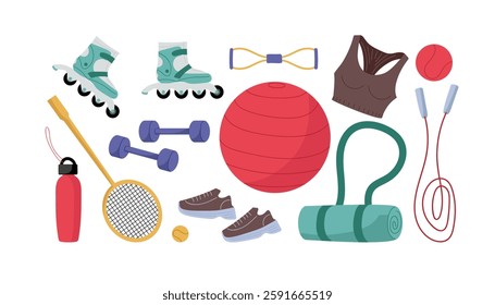 Exercise equipment and sports items arranged on a white background for fitness activities