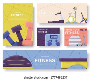  exercise equipment workout set flyer, magazines, poster, book cover, banners. invitation cards concept background. Grain texture and noise effect.