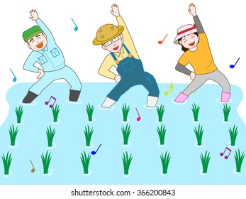 The exercise of the farmhouse.Work of the rice-transplanting