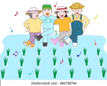 The exercise of the farmhouse.Work of the rice-transplanting