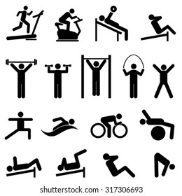 Exercise, fitness, health and gym icon set