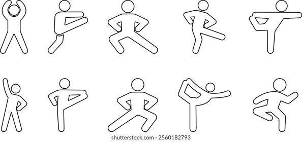 Exercise Fitness Sport people making exercises vector for apps or web training activity, workout Yoga pose, meditate practice Health icon in line set isolated on transparent background