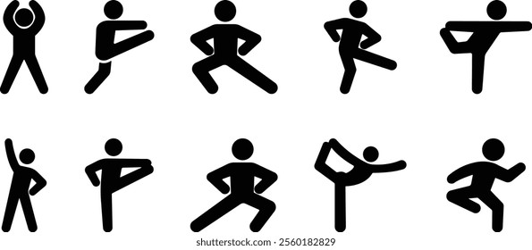 Exercise Fitness Sport people making exercises vector for apps or web training activity, workout Yoga pose, meditate practice Health icon in flat set isolated on transparent background