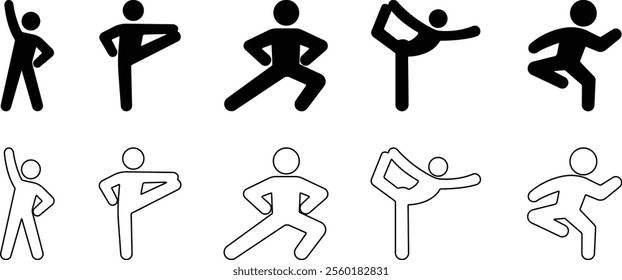 Exercise Fitness Sport people making exercises vector for apps or web training activity, workout Yoga pose, meditate practice Health icon in flat, line set isolated on transparent background