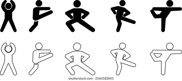 Exercise Fitness Sport people making exercises vector for apps or web training activity, workout Yoga pose, meditate practice Health icon in flat, line set isolated on transparent background