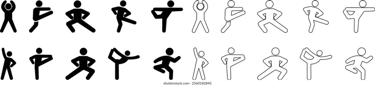 Exercise Fitness Sport people making exercises vector for apps or web training activity, workout Yoga pose, meditate practice Health icon in flat, line set isolated on transparent background