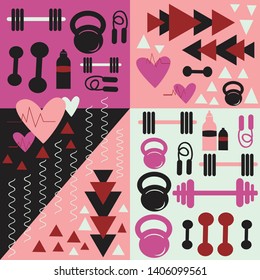 Exercise Fitness Vector repeat pattern.Gym related seamless pattern.Perfect for Women and girls Active wear or products.Spring summer colour pallets.Can be used on healthy life style products.