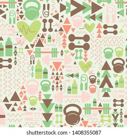 Exercise Fitness Vector repeat pattern.Gym related seamless pattern.Perfect for Women and girls Active wear or products.Spring summer colour pallets.Can be used on healthy life style products.
