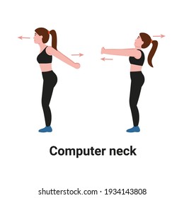 Exercise get rid of Computer neck. Stretch to relieve neck pain. Flat vector illustration.