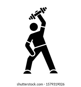 Exercise glyph icon. Man workout. Gym activity. Athlete with dumbell. Bodybuilding. Healthcare. Physical wellness. Person stretching. Silhouette symbol. Negative space. Vector isolated illustration