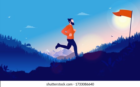 Exercise goals - Man jogging or running uphill to reach his personal goal. Healthy living, motivational training, aspirations and outdoor athlete concept. Vector illustration.