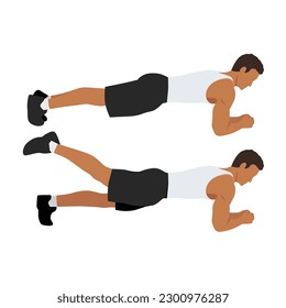 Exercise guide by Man doing Plank leg raises in 2 steps. Flat vector illustration isolated on white background