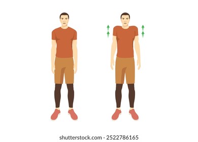 Guía de ejercicios de Hombre haciendo hombros encogiéndose de hombros en 2 pasos en vista lateral. Ilustración sobre el entrenamiento para reducir el síndrome de la oficina.