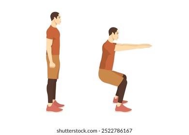 Guia de exercício por Homem fazendo air squat em 2 passos na vista lateral. Ilustração sobre introdução da posição de treino.