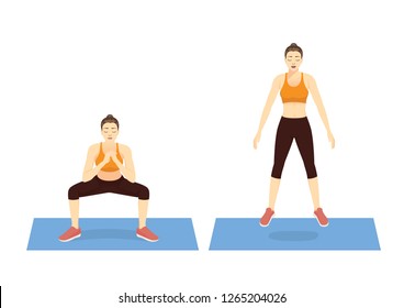 Exercise guide by Woman doing squat jump in 2 steps on mat for strengthens entire lower body. Illustration about workout.