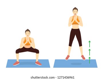 Exercise guide by Woman doing squat jump in 2 steps on mat for strengthens entire lower body. Illustration about workout.