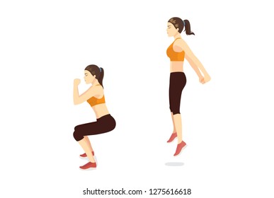 Guía de ejercicios de Woman haciendo saltar en cuclillas en 2 pasos a la vista lateral para fortalecer todo el cuerpo inferior. Ilustración sobre entrenamiento.
vista lateral