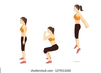 Exercise guide by Woman doing squat jump in 3 steps in side view for strengthens entire lower body. Illustration about workout.