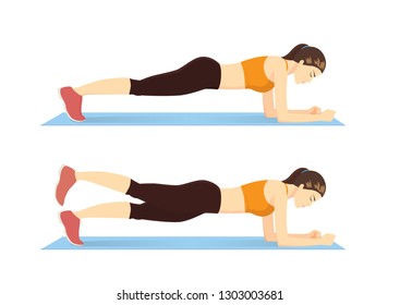 Exercise guide by Woman doing Plank leg raises in 2 steps on blue mat. Illustration about workout posture introduction.