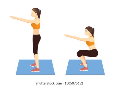 Exercise guide by Woman doing air squat in 2 steps in side view for strengthens entire lower body. Illustration about workout.