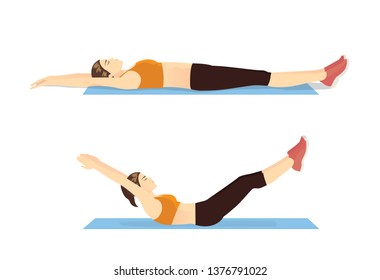 Exercise guide by Woman doing Hollow Body Hold in 2 steps on blue mat. Illustration about workout posture introduction.