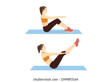 Exercise guide by Woman doing boat exercise in 2 steps in side view. Illustration about abs workout position introduction.