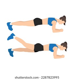 Exercise guide by Woman doing Plank leg raises in 2 steps. Flat vector illustration isolated on white background