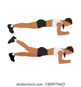 Exercise guide by Woman doing Plank leg raises in 2 steps. Flat vector illustration isolated on white background