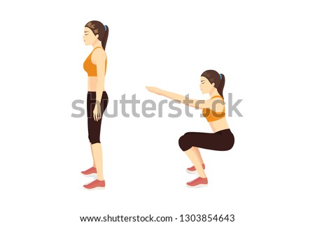 Exercise guide by Woman doing air squat in 2 steps in side view. Illustration about workout position introduction. Foto stock © 