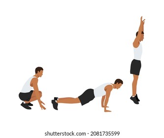 Exercise guide with man doing the Squat Thrust Burpee position in 3 step. Illustration about workout diagram.