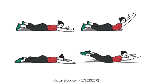 Exercise guide for women doing back exercises. Fitness at home. Vector illustration, line art