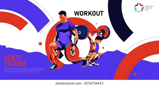 Exercise, GYM concept background template. Bodybuilder tournament contests feature bodybuilders lifting weights. bodybuilder athlete silhouette. National Sports Day. Exercise