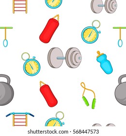 Exercise in gym pattern. Cartoon illustration of exercise in gym vector pattern for web