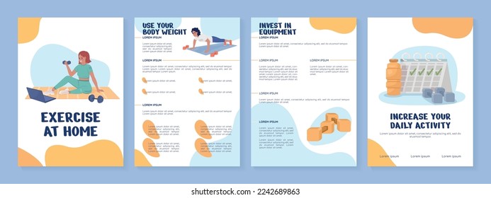 Exercise at home flat vector brochure template. Workout booklet, leaflet printable flat color designs. Editable magazine page, reports kit with text space. Nerko One, Quicksand, Comfortaa fonts used