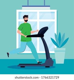 exercise at home, man running on treadmill, using the house as a gym vector illustration design