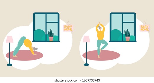 
Exercise at home. The quarantined woman practices yoga. Calmness and pacification.
Self isolation due to coronovirus. Made in vector.