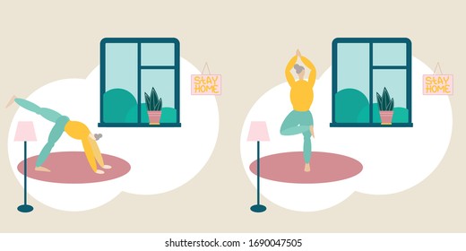 
Exercise at home. The quarantined woman practices yoga. Calmness and pacification.
Self isolation due to coronovirus. Made in vector.