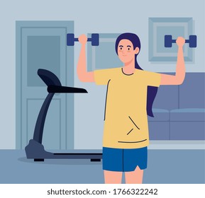 exercise at home, woman practicing sport, using the house as a gym vector illustration design